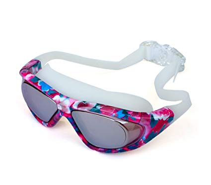 Superhappy Fashion Red Flowers & Green Leaves Printing Electroplating Swimming Goggle for Lady