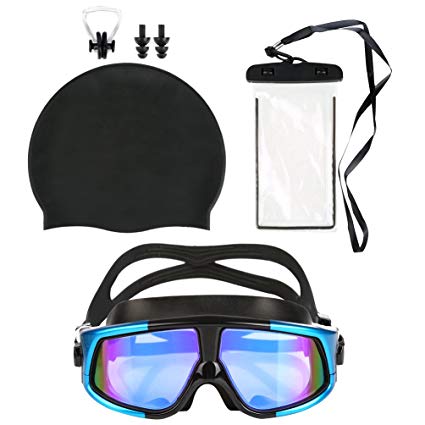 VBIGER Men Women Swim Goggles Anti-Fog Coated Lens Leakproof UV Protection Swimming Goggles with Swim Cap, Nose Clip, Earplugs, Waterproof Phone Case