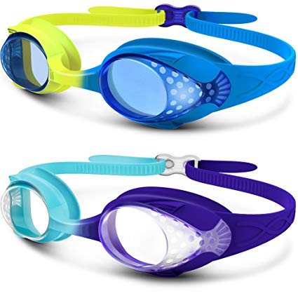 OutdoorMaster Kids Swimming Goggles (2-Pack) - Fun Fish Style for Children (Age 4-12), with Leakproof Design, Shatterproof Anti-Fog Lens & Quick Adjustment Clasp - 100% UV Protection