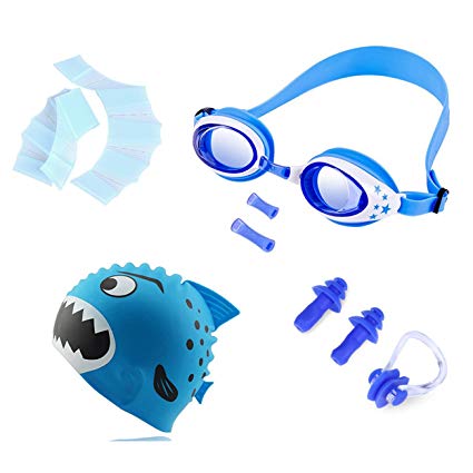 Kyerivs Swim Goggles and Caps, Fun Design Silicone Sharks Swimming Caps for Boy and Girl