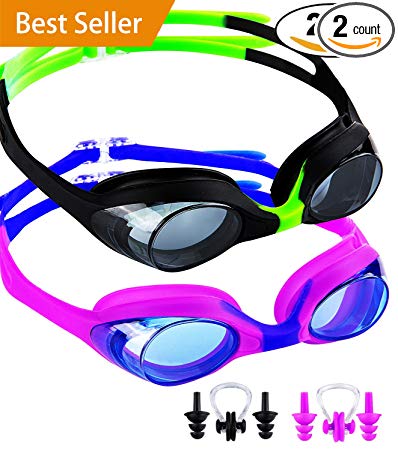 SBORTI Kids Goggles 2 Pack Swim Goggles for Children Early Teens Anti Fog UV Protection Waterproof Swimming Goggles