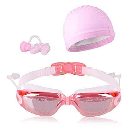 Peacoco Swim Goggles with PU Swim Cap,Swimming Goggles Anti Fog Waterproof for Men Women Adult Youth Kids UV Protection with Earplugs,Nose Clips and Case