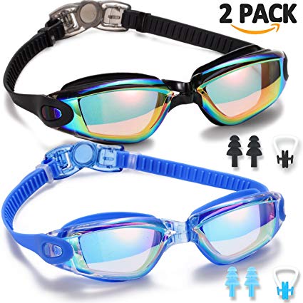 Noorlee Swim Goggles, 2 Pack Swimming Goggles for Adult Men Women Youth Kids Child, No Leaking Anti Fog UV 400 Protection Waterproof 180 Degree Clear Vision Triathlon Pool Goggles