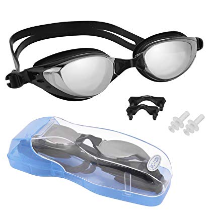 Prescription Swimming Goggles FILWO, Anti Fog Optical Racing Swimming Goggles Clear Mirrored Goggles Wide Viewing Swim Pool Goggles UV Protection for Adult, with Protection Case, Nose Piece, Ear Plugs