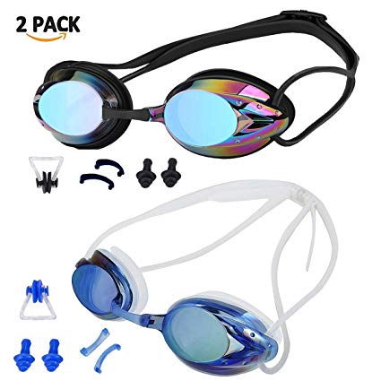 ZIMINGU Swimming Goggles, Anti Fog Shatterproof UV Protection,No Leaking with Silicone Nose Clip Ear Plugs and Protection Case Best Swimming Goggles Pack of 2 Suit for Men Women