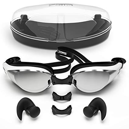 Zoma Swimming Goggles with Anti Fog Technology - 3 Piece Adjustable Nose Bridge for Perfect Comfortable Fit for Adults and Kids - Ergonomic Silicone Earplugs Included