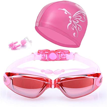 GLOBAL YOU Adult swim goggles Swimming goggles set 5 in 1 Swimming goggles/Swimming cap/Nose Clips/Ear Plugs/Waterproof EVA case
