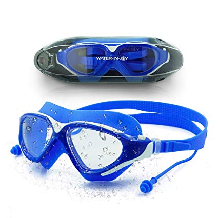 Swim Goggles, Panoramic Clear Swimming Glasses 100% UV Protected Anti-Fog Anti-Shatter, Ear Plugs Watertight, Soft Silicone Seal, Adjustable Strap, for Adult Men/Women Youth Kids, Free Protection Case