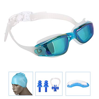 Onioc Swiming Goggles +Reversible Swim Cap + Nose Clip +Ear Plugs +Travel Case , No Leaking, Anti Fog UV Protection Swim Goggles for Adult Men Women Youth Kids Child.
