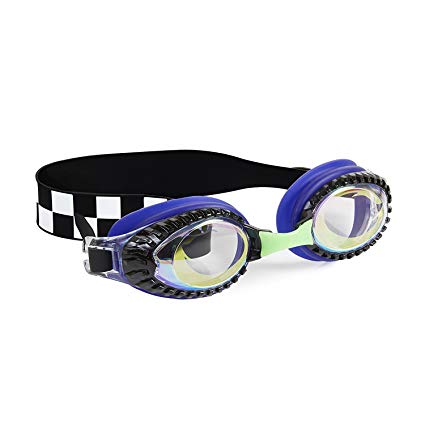 Race Car Swimming Goggles For Kids by Bling2O - Anti Fog, No Leak, Non Slip and UV Protection - Hot Rod Royal Checkboard Colored Fun Water Accessory Includes Hard Case