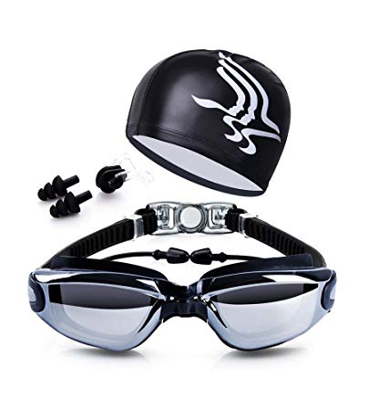 Swim Goggles + Swim Cap + Case + Nose Clip + Ear Plugs,Dsoso Clear Swimming Goggles Coated Lens No Leaking Anti Fog UV Protection for Adult Men Women Youth Kids Child,Black