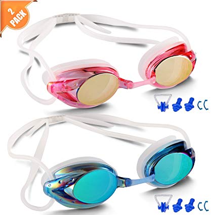 Swimming Goggles Pack of 2, Braylin Professional Swim Goggles for Adult Men Women Youth Kids Teenager Children, No Leaking Waterproof Anti Fog UV Protection, with Nose Clip Ear Plugs and Nose Bridge