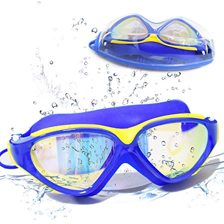 Swim Goggles,Large Frame Swim Goggles, Colorful Plated Swimming Glasses with Anti-Fog, UV Protection, Free Protection Case, Fit for Adult Men Women Youth