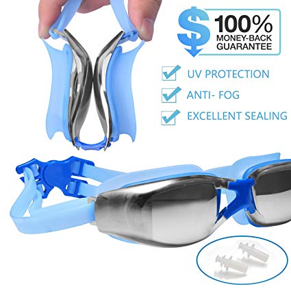 Swim Goggles by Suwoic, Clear Vision UV Protection No Leaking Anti-Fog Mirror Coated Lens with Protection Case.