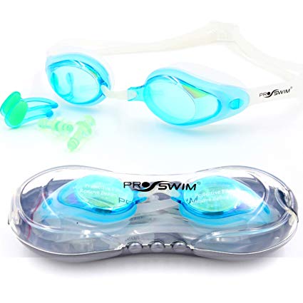 Swim Goggles Sharkfin by SwimFreak KIDS Mirrored, Anti Fog 5 rated NO LEAKS CLEAR VISION COMFORT FITFREE CASE NOSE CLIP EAR PLUGS