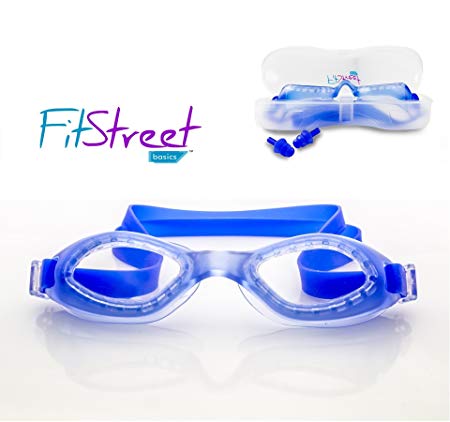 FitStreet Basics SWIMMING GOGGLES Anti Fog UV Protection with FREE Waterproof Case, Earplugs, Adjustable Silicone Strap Ultra Comfort for Men, Women, Adult, Kids, Youth