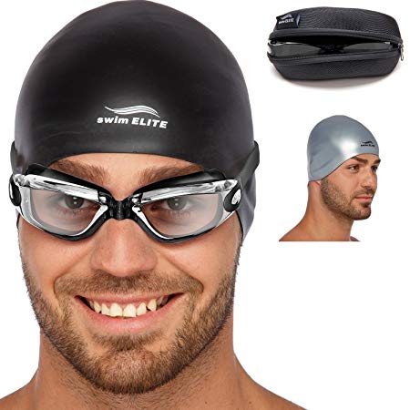 Adult Swim Goggles for Men and Women + Reversible Swimming Cap + Protective Case SET | Swimming Pool Goggles - Underwater Goggles - Swimming Glasses & Swim Goggles for Women & Men | Goggles Adult
