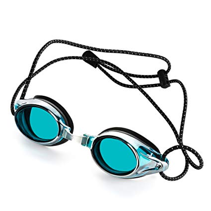 Anti-Fog Racing Swimming Goggles - by Proswims Blue Lens with Quick Adjustable Elastic Bungee Strap, Hard Case and Bonus Swim Goggles Microfiber Cleaning Cloth