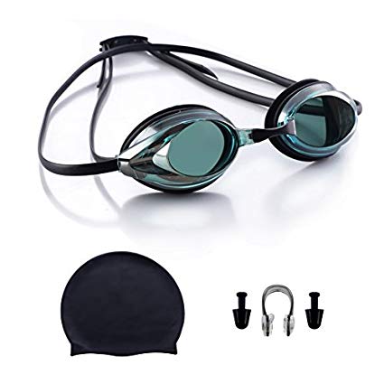 Swim Goggles Set with Swimming Cap, Nose Clip, Ear Plugs, Interchangeable Nose Bridge and Protection Case, Andone Professional Racing Swimming Goggles Anti Fog UV Protection No Leaking Adjustable Stra