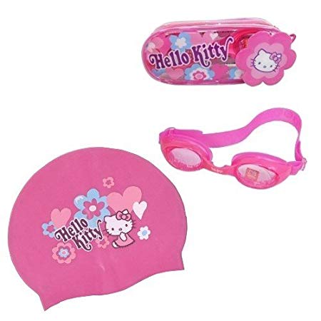 Hello Kitty Kid Silicone Swim Swimming Cap + Goggles Anti-frog Uv Protection