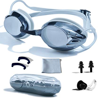 Swimming Goggles, PHELRENA Professional Swim Goggles Anti Fog UV Protection No Leaking for Adult Men Women Kids Swim Goggles with Nose Clip, Ear Plugs, Protection Case and Interchangeable Nose Bridge