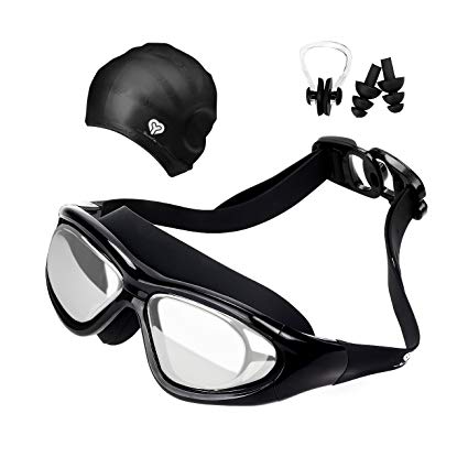 Swimming Goggles, No Leaking, Anti-Fog, UV Protection Swimming Glasses with Swimming cap, Ear Plugs, Nose Clip and Protective Case, Adjustable Strap Comfortable Fit For Men