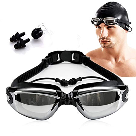 AXIAOSU Swimming Goggles, Swimming Glasses Swimming caps, Swimming Nose clips,Ear plugs, professional anti-fog and UV protection wide-angle,Quick Adjust Bungee Strap,for Adult Men Women and Youth