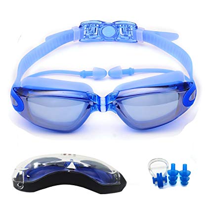 Adults Swim Goggles With Waterproof , Anti-fog And UV Shield Function, With Additional Ear Plug, Nose Clip and Strong Case for Adults, Men, Women, Kids