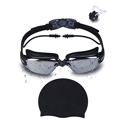 Suncaya 4 in 1 Set, Swimming Goggles With Connected Ear Plugs, Waterproof Silicone Swimming Cap, Nose Clip and Free Protection Case, Anti Fog No Leaking UV Protection, Swim Goggles For Adult Men Women