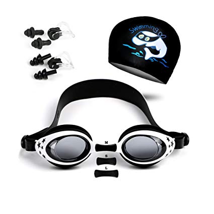 Landisun Swim Goggles Swim Cap Suits with Nose Clip, Ear Plugs, Swimming Goggles Professional for Children.