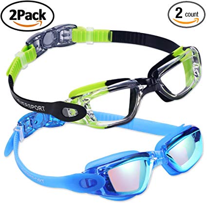 Kids Swim Goggles 2 Pack (OR Silicone Swim Caps 2 Pack) Crystal Clear Swimming Goggles for Children and Teenagers, Anti-fog Anti-UV Youth Swim Glasses, Leak Proof, Soft Silicone Frame, for 3-12 Y/O