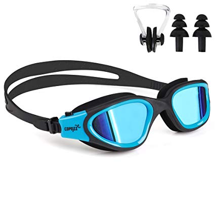COPOZZ Swim Goggles, G3720 Mirrored Swimming Goggles Wide Clear View No Leaking Anti Fog UV Protection Swim Goggles with Adjustable Strap for Men Women Youth - Ear Plugs Nose Piece Free Gift