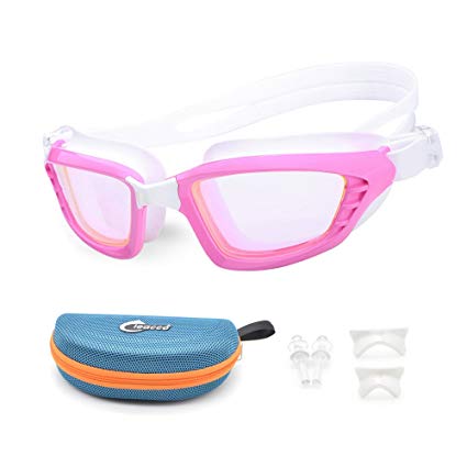 Swim Goggles/Swimming Glasses W/ 3 Optional Nose Bridges & Case & Ear Plugs, Freehawk® Super Clear Colorful Swimming Goggles with Anti-fog Scratch-proof Lenses, Non Leaking,Adjustable