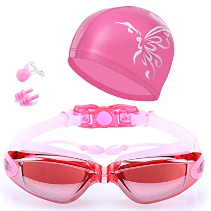 Swim Goggles + Swim Cap, Swimming Goggles No Leaking Anti Fog UV Protection Triathlon Swim Goggles with Free Protection Case + Nose Clip + Ear Plugs for Adult Men Women Girls Youth Kids Child