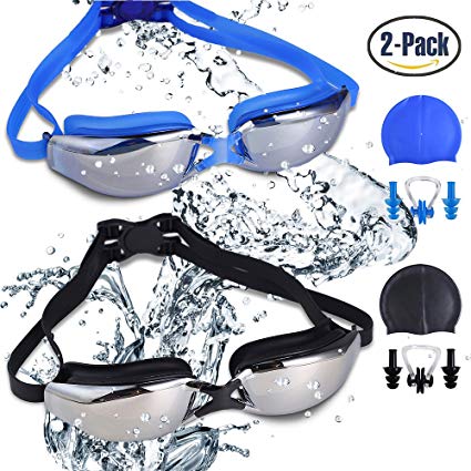 RIHACHAN Swim Goggles, Swimming Goggles Leak Free UV Protection Anti Fog, Swimming Glasses with Adjustable Shoulder Strap for Unisex Adult –Teenagers, with Swimming Caps, Nose Clips, Ear Plugs-2 pack