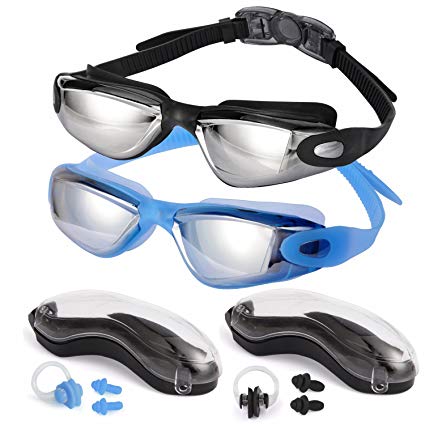 Swim Goggle 2 Pack, Anti Fog, No Leaking, UV Protection, Wide View Goggles for Men Women Adult Kids Boys Girls, 2 Pack Goggles with Hard Case, Nose Plugs, Ear Plugs and Adjustable Strap