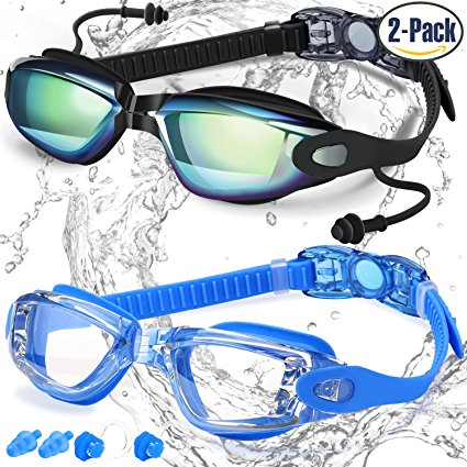 Swim Goggles, Pack of 2, Swimming Goggles for Adult Men Women Youth Kids Child, Triathlon Equipment, with Mirrored & Clear Anti-Fog, Waterproof, UV 400 Protection Lenses