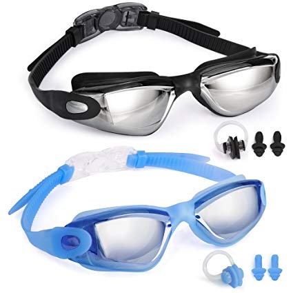 Veckle Swim Goggles, 2 Pack Swimming Goggles No Leaking Anti Fog UV Protection Lenses Wide View Swim Goggles for Kids Men Women Adult Youth Child, Goggles with Nose Clip, Ear Plugs, Black Blue