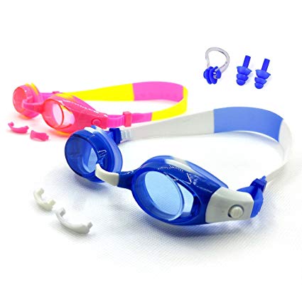 Kids Swim Goggles Pack of 2 Swimming Glasses for Children (3 to 15 Years Old) Waterproof Anti-Fog Goggles with UV Protection and Earplugs